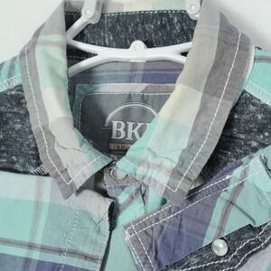 BKE Pearl Snap Shirt Men's Medium Teal Vintage Standard Fit Western Plaid Pocket